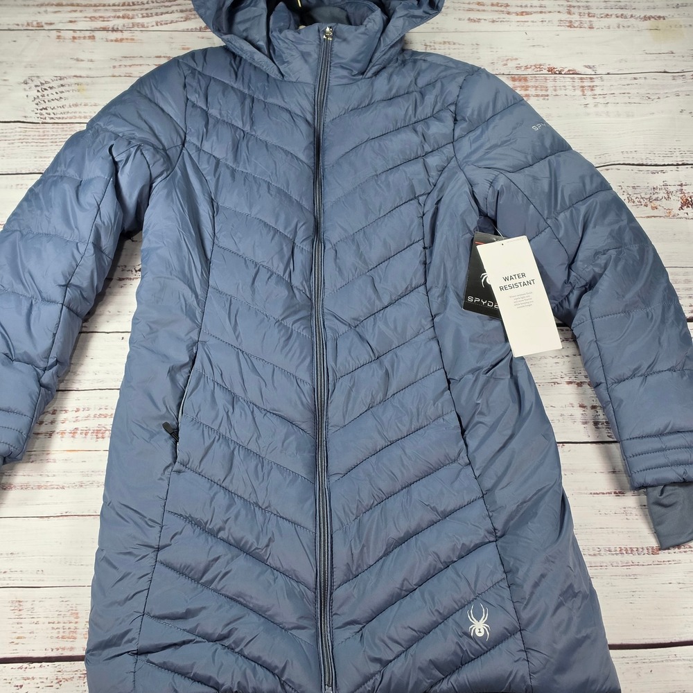 NWT Spyder Puffer Jacket Womens Small Blue NEW Water Resistant Hood Pockets